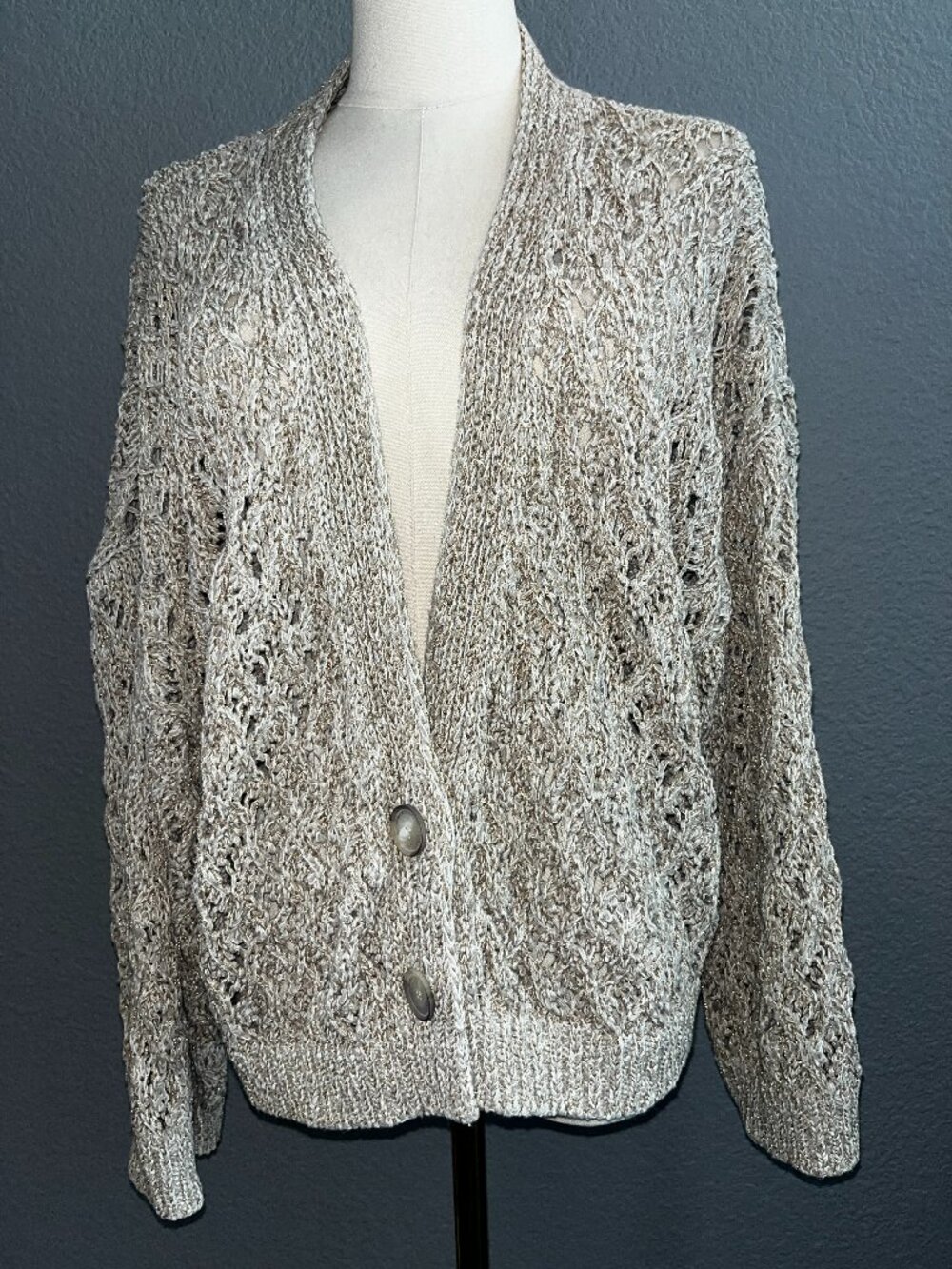 VINTAGE FABIANA FILIPPI MADE IN ITALY TAN & GOLD METALLIC OPEN KNIT CARDIGAN -XL